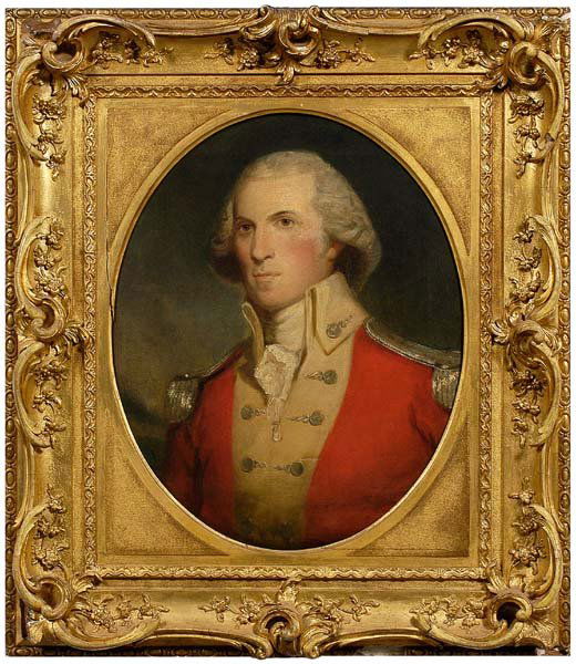 Portrait, attributed to Gilbert Stuart: (Massachusetts, 1755-1828), half portrait of a British soldier, unsigned, oil on canvas, canvas stencil verso "Prepared by Robe-Miller/…London", serial number on stretcher "A6599", 26 x 21 in. Origi