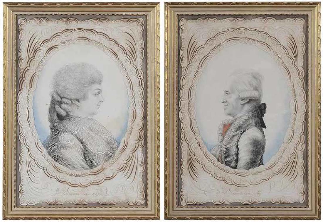 Jean-Joseph Bernard: (French, 1740-1809) A pair of calligraphic profile portraits: A Man and a Woman, signed bottom center "Bernard fecit 1791", ink and watercolor on laid paper with Strasbourg Lily watermark, 19-1/8 x 13