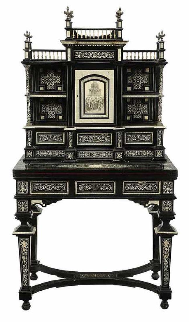 Fine Renaissance Style Ebonized Writing Cabinet: Pogliani Workshop, circa 1870, drawer with stamped signature "Ferd. Pogliani Franisia Milano", arcaded top set with mask decorated urn finials, central door with finely decorated pen engraved bon