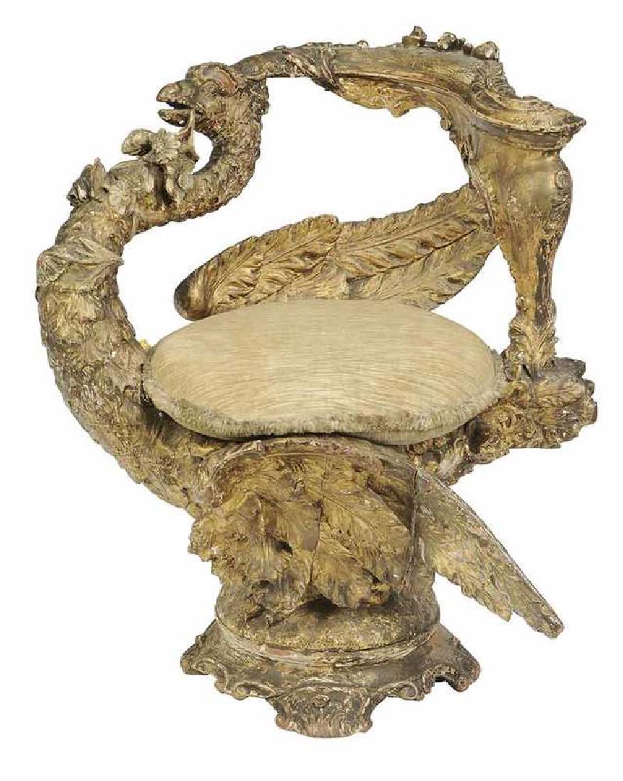 Good Venetian Carved and Gilt "Fantasy" Chair: Italian, late 19th century, in the form of a phoenix holding a garland of flowers in its beak with well articulated wings, carved back and upholstered cushion, 29-1/2 x 27 x 17 in.