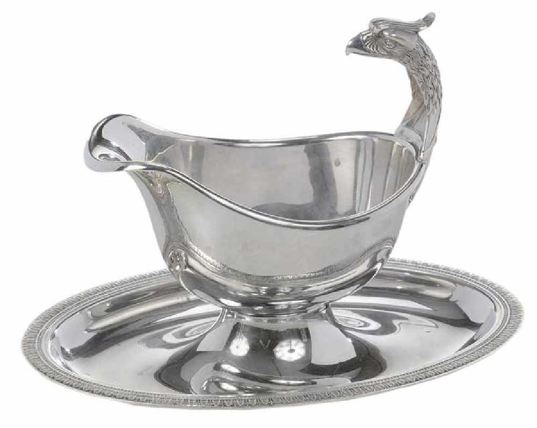 Christofle Silver-Plate Gravy Boat: French, 20th century, eagle form handle, oval base with palm and dart border, marks for Christofle, 6-1/4 x 9-1/4 x 5-3/4 in.