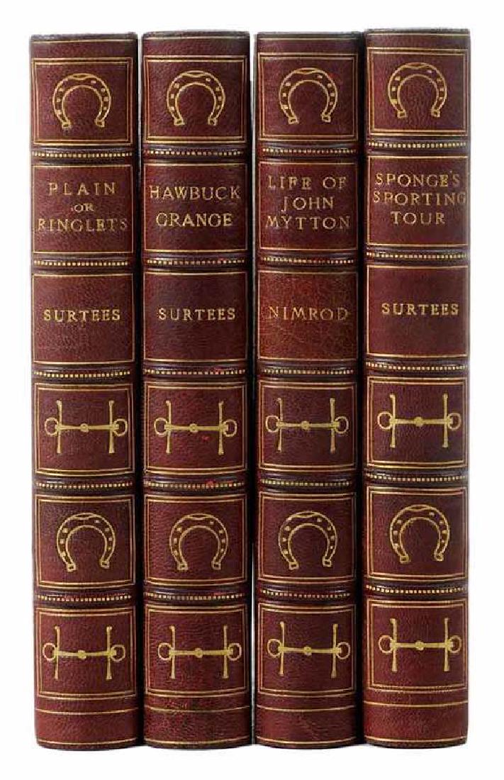 Works by Surtees, Nine Volumes: by Robert Smith Surtees, nine volumes (complete), London: Bradbury, Agnew and Co., signed binding, three-quarter leather over red cloth, with five raised bands, gilt decorated with hunting motif, with