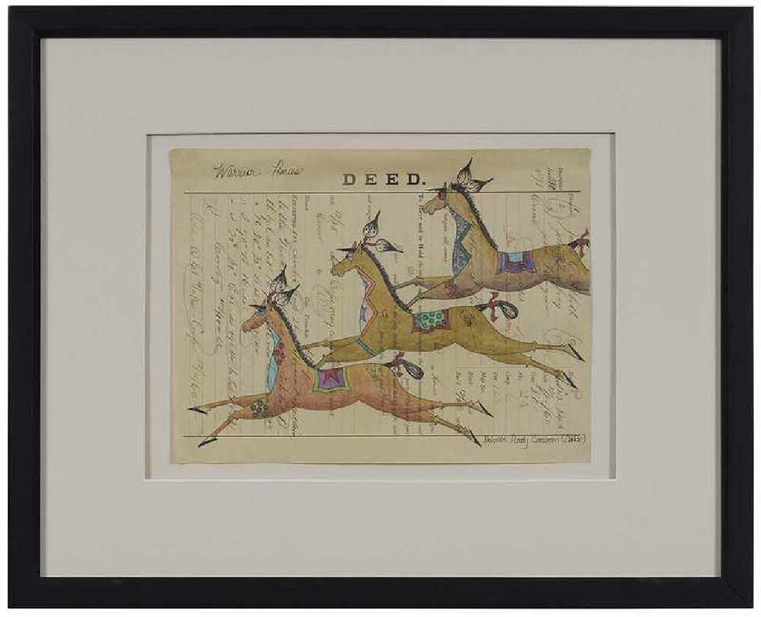 Dolores Purdy Corcoran: (Native American, 20th century) Warrior Ponies, signed lower right "Dolores Purdy Corcoran (Caddo)", colored pencil on antique ledger paper, 9 x 12 in. (sheet); modern wood frame, 17-1/2 x 21-1/2 in.