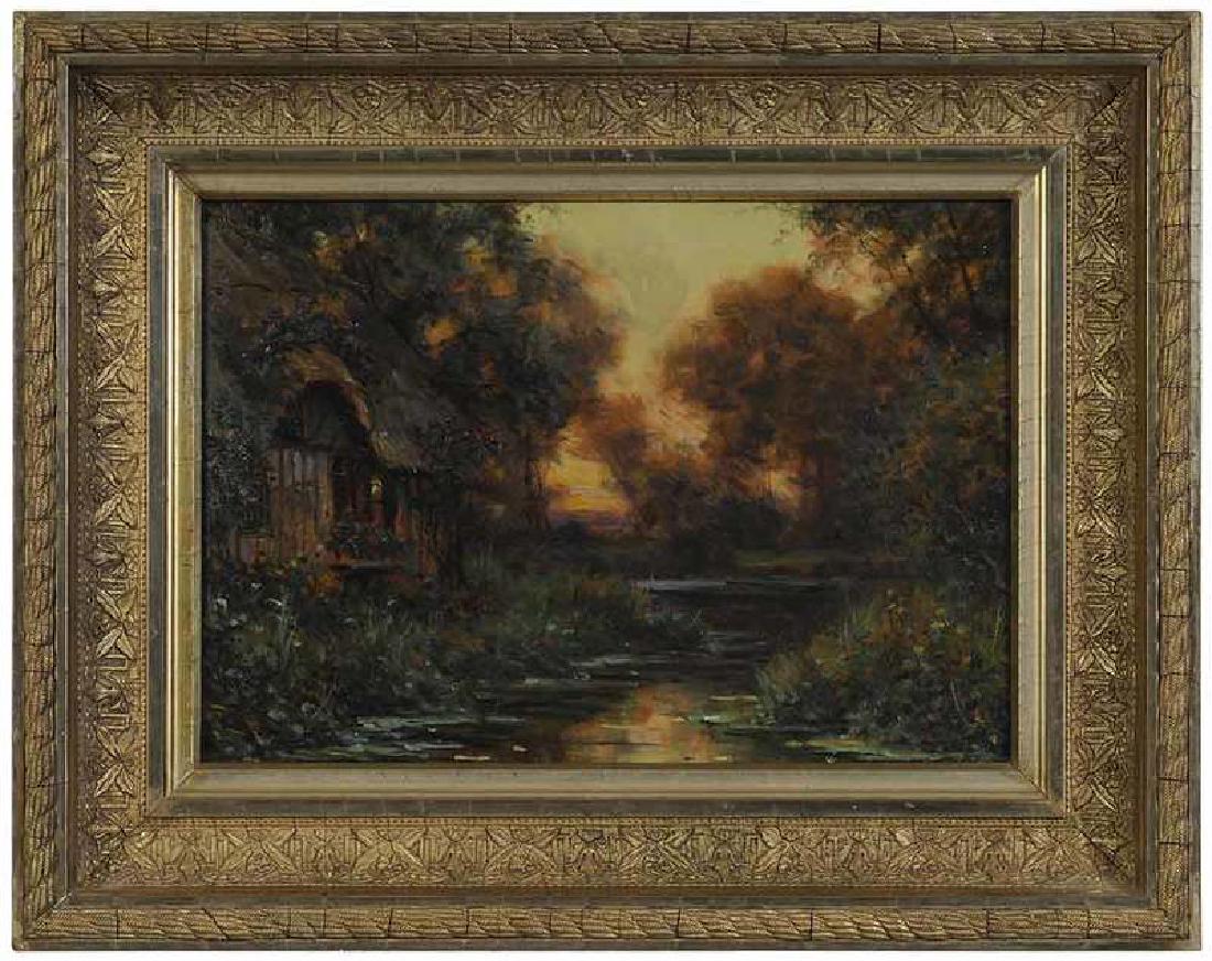 Lewis Aston Knight: (France, California, New York, 1873-1948) Cottage Along a Stream, signed lower left "Aston Knight/Paris", also signed and inscribed on original label verso, oil on panel, 10-3/4 x 14 in.; period gilt