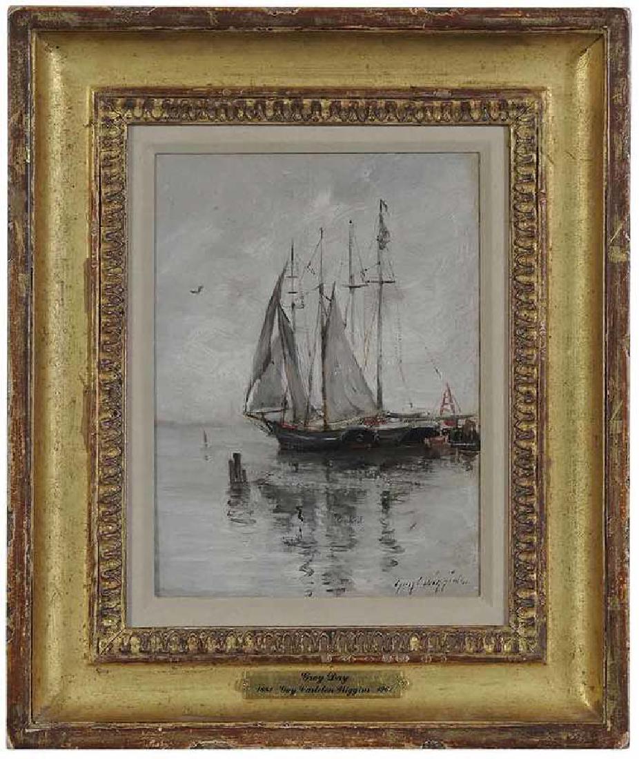 Guy Carleton Wiggins: (New York/Connecticut, 1883-1962) Grey Day, circa 1910, signed lower right "Guy C. Wiggins", titled pencil and colorman label verso, oil on board, 8 x 6 in.; APF reproduction gilt wood frame, 13 x