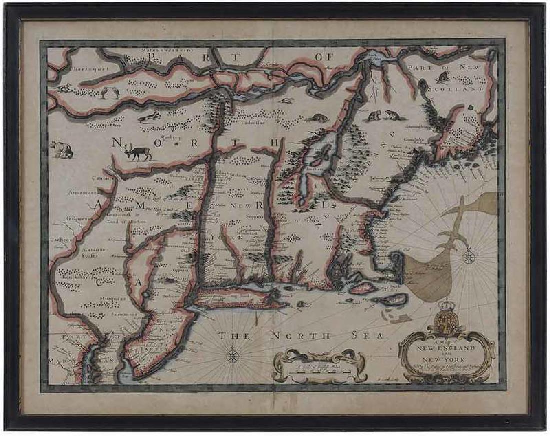 A Map of New England and New York by John Speed: circa 1676, Sold by Tho. Basset and Richard Chiswell, hand-colored engraved map, with English text on the verso, somewhat amateur hand-coloring, with title cartouche with crown top, depicting animal l