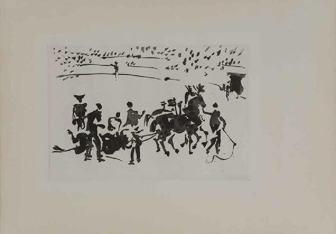 Pablo Picasso: (Spanish, 1881-1973) El Arrastre, pl. 23 from Jose Delgado, La Tauromaquia, Atelier Lacouriere, Paris, printer, Ediciones de la Cometa, Barcelona, publisher, 1957, sugar-lift aquatint on Guarro wove p