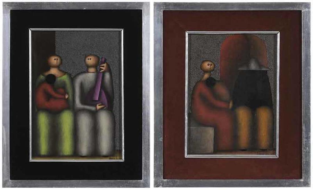 Jesus Mariano Leuus: (Texas/Mexico, born 1948) Two family group compositions, 1974: Man with Instrument, 14 x 10 in. and Siesta, 12 x 9 in., both signed lower right "Jesus Leuus" and inscribed, mixed media on Masonite; ma