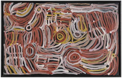 Minnie Pwerle: (Australia, 1922-2006) Women's Dreaming-Awelye Atnwengerrp, 2000, signed verso "Minnie Pwerle " and inscribed with title, acrylic on canvas, 36 x 22-3/4 in.; black gallery frame, 37-3/8 x 23-7/8 in.