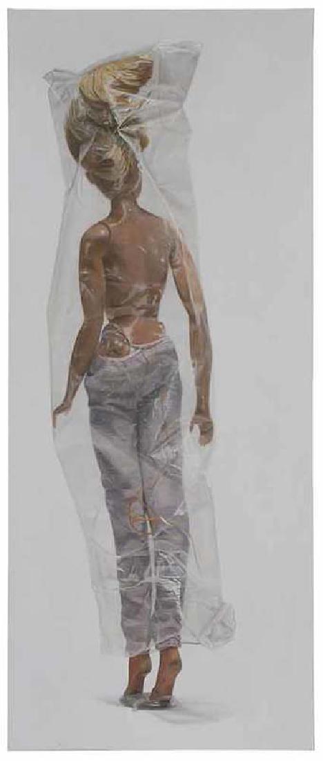 Jim Butler: (New York/Massachusetts, 20th/21st century) Girl In a Bag, 1999, signed verso "Jim Butler", titled and dated, oil on canvas, 70 x 28-3/4 in.; gallery stretcher, unframed