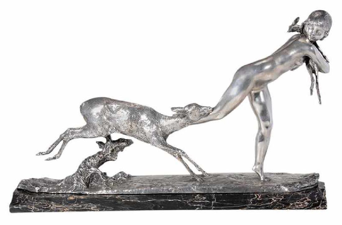 Ary Jean Leon Bitter: (French, 1883-1973) Nude with Faun Chased by a Deer, signed in base "Ary Bitter", foundry stamp "Susse Freres Paris" with number "3", silver-plated bronze, black marble base, 17-1/4 in. (bronze), 19 x