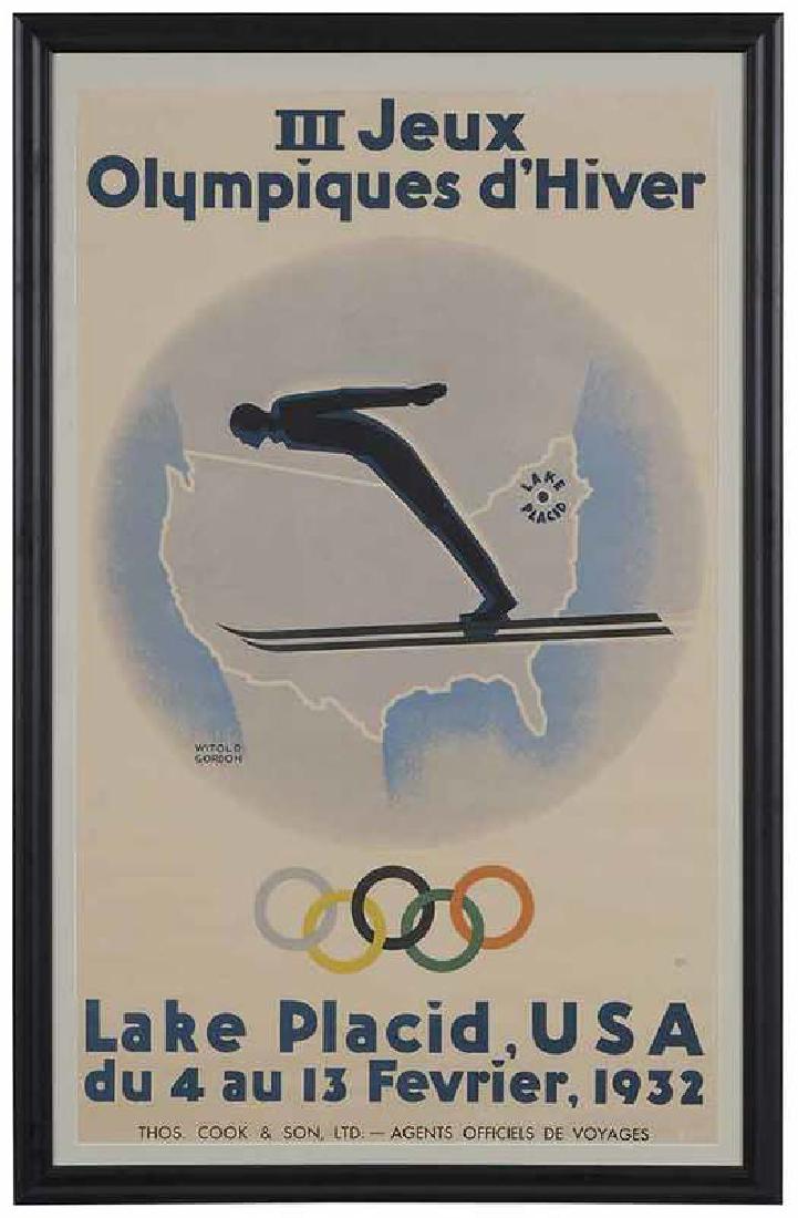 Witold Gordon Olympic Poster: (New York/Poland, 1898-1968) III Jeux Olympiques d'Hiver Lake Placid, USA.., 1932, rare French version, signed in stone "Witold Gordon", color lithographic poster, 40 x 25 in.; modern painted frame, 4