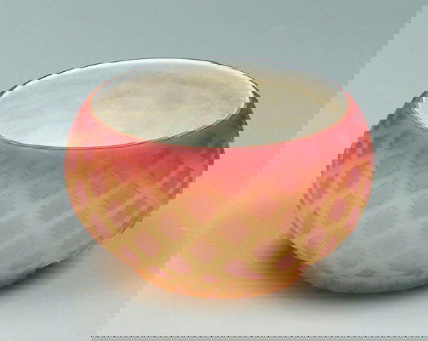 Mother-of-pearl bowl,: Mother-of-pearl bowl, satin glass with foot ring, diamond pattern, cranberry over pale yellow, possibly Thomas Webb, England, 1885-1925, 2-1/2 x 4-1/4 in. Provenance: Maude B. Feld, New York.