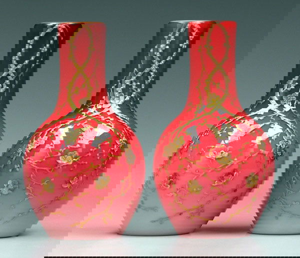 Pair Webb peachblow vases: Pair Webb peachblow vases: extensive gilt decoration in the Japanese style, beaded highlights, probably Thomas Webb, England, 1885-1925, attached label attributes to George Balthus, 6-1/2 in. Minor lo