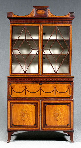 Very fine Hepplewhite inlaid secretary: Very fine Hepplewhite inlaid secretary with extremely fine inlay overall, upper case with large conch shell inlaid cornice, leaf and berry banding and adjustable shelved interior, lower case with ribb