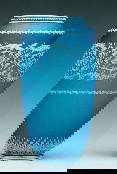 Webb cameo glass vase,: Webb cameo glass vase, band of scroll and floral decoration, bellflower, bead and petal borders, base marked "Thomas Webb & Sons Cameo" (England, 1885-1925), 8-1/4 in. Minor surface anomalies as made.