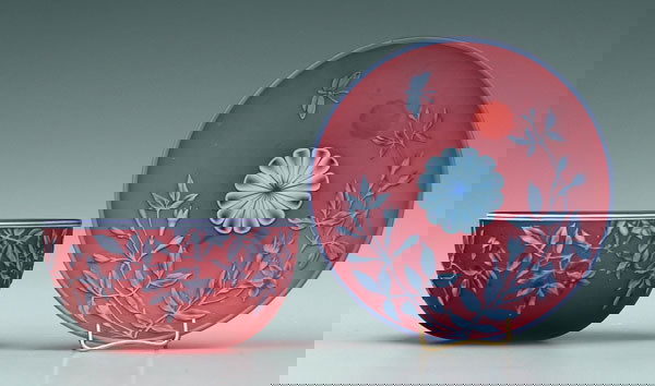 Two tricolor Webb cameo bowls: Two tricolor Webb cameo bowls: both marked "Thomas Webb & Sons Cameo" (England, 1885-1925), white over blue floral and butterfly decoration on rose ground, 2-1/2 x 5-1/4 in. and 6 in. Provenance: Maud