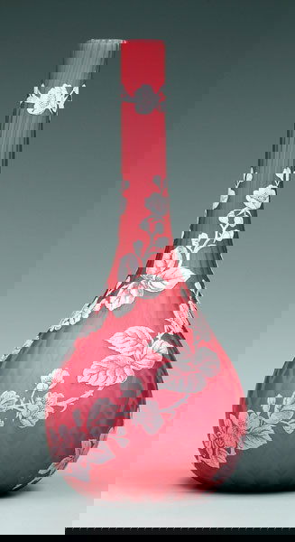 Cameo mother-of-pearl glass vase,: Cameo mother-of-pearl glass vase, red satin diamond quilted pattern, cut-back white floral decoration, probably Thomas Webb, England, 1885-1925, 11-1/2 in. Minor surface irregularities as made.