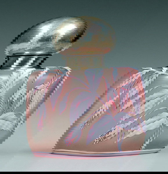 Webb tricolor cameo inkwell,: Webb tricolor cameo inkwell, red and white fuchsias on frosted ground, unsigned, silver mounts marked "Gorham Sterling", attributed to Thomas Webb, England, 1885-1925, 6 in. With ill-fitting glass int