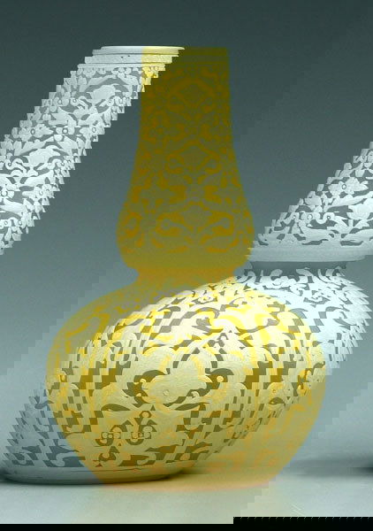 Cameo glass vase,: Cameo glass vase, white arabesque decoration on canary yellow ground, attributed to Thomas Webb & Sons, England, 1885-1925, 6-1/8 in. Provenance: Agnes Koehn, Cedar Rapids, Iowa, 1967.