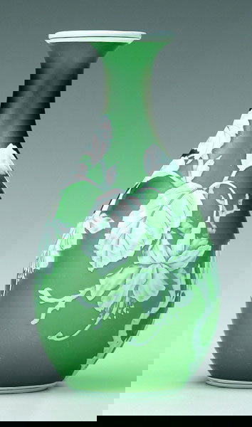 Cameo glass vase,: Cameo glass vase, white fuchsia decoration over green ground, possibly Thomas Webb, England, 1885-1925, 7 in. Minor surface scratches. Provenance: Agnes Koehn Antiques, Cedar Rapids, Iowa.