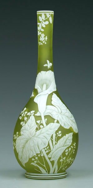 Cameo glass vase,: Cameo glass vase, lily and bee decoration on pale green ground, unmarked, possibly Thomas Webb & Sons, England, 1885-1925, 13-1/4 in. Tiny chips inside rim.