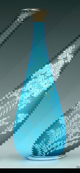 Cameo glass vase,: Cameo glass vase, floral and leaf decoration on blue satin ground, probably by Thomas Webb & Sons, England, 1885-1925, base marked "Theodoré B. Starr, New York", sterling collar, 13-1/2 in. Silver cu