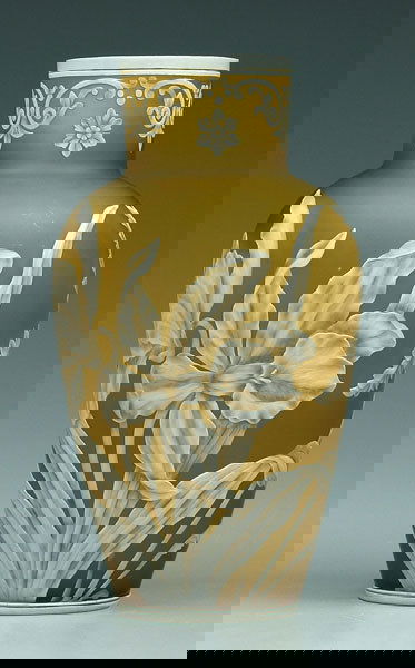 Cameo glass vase,: Cameo glass vase, orchid decoration on pale olive ground, unmarked, possibly Thomas Webb & Sons, England, 1885-1925, 8 in.