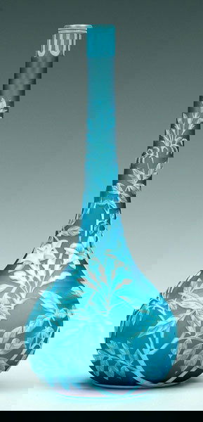 Cameo glass bud vase,: Cameo glass bud vase, white flowers on blue ground, possibly Thomas Webb & Sons, England, 1885-1925, 8-1/2 in. Provenance: Maude B. Feld, New York.