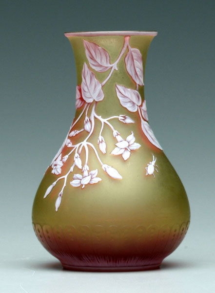 Tricolor Webb cameo vase,: Tricolor Webb cameo vase, white and rose floral and insect decoration on gold and rose ground, base marked "Thomas Webb & Sons" (England, 1885-1925), 6 in. Minor rim roughness as made. Provenance: Mau
