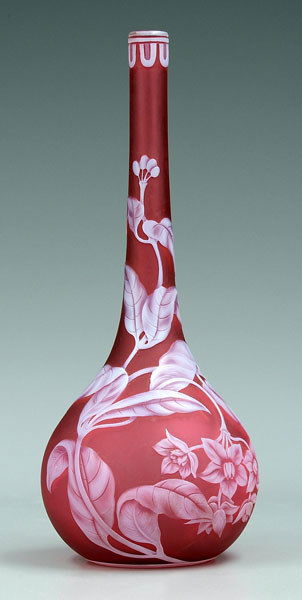 Cameo glass bud vase,: Cameo glass bud vase, white flowers and bee on red ground, possibly Thomas Webb & Sons, England, 1885-1925, 8-3/4 in.