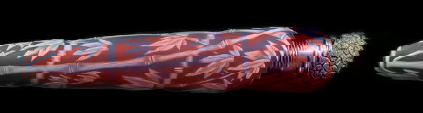 Cameo glass perfume,: Cameo glass perfume, white bamboo decoration on red ground, threaded top, base marked "RD12759", Thomas Webb & Sons, (England, 1885-1925), silver top with marks for London, 1887, 7 in. Probably mismat