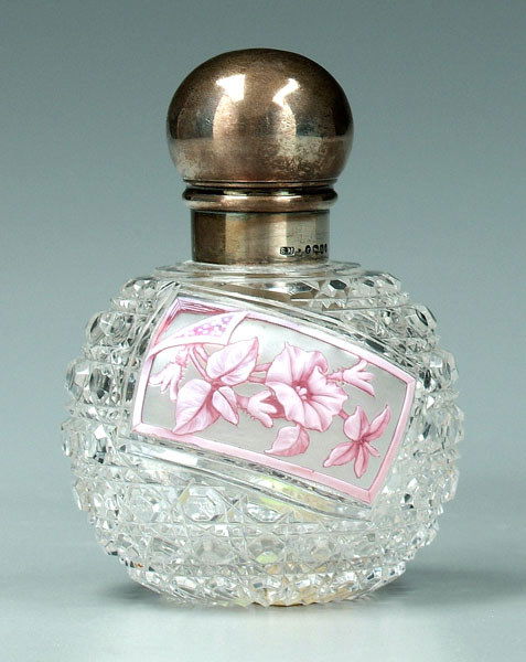 Cut glass perfume: Cut glass perfume: diagonal panel of floral cameo glass, white with pink highlights, silver mounts with marks for London, 1887, S. Mordan & Co., attributed to Thomas Webb & Sons, England, 1885-1925, 4