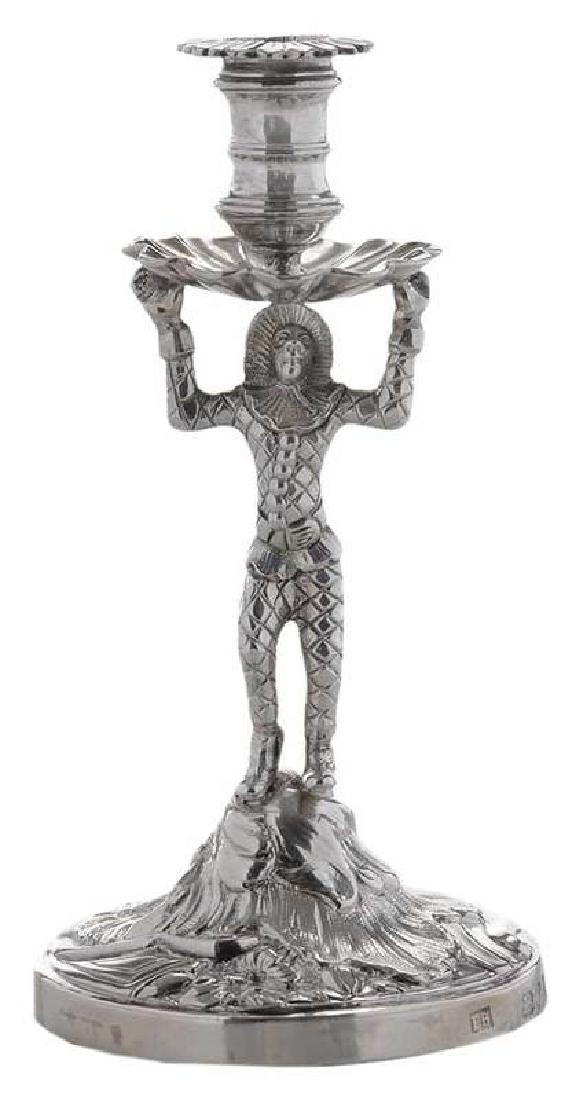 George III English Silver Harlequin Candlestick: London, 1794, Harlequin form post, marked "EB", possibly Edward Betts, .925 fine, 4.83 oz. T., 5-1/4 in.