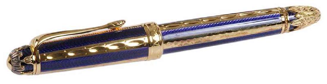 Michel Perchin Vermeil Fountain Pen: limited edition, 1485 of 4321, blue enamel, cap engraved "Michael Perchin, 1485/4321, 925, Germany, 1995" gold over silver, nib stamped "18k, M" and with elephant maker's mark, in box with papers