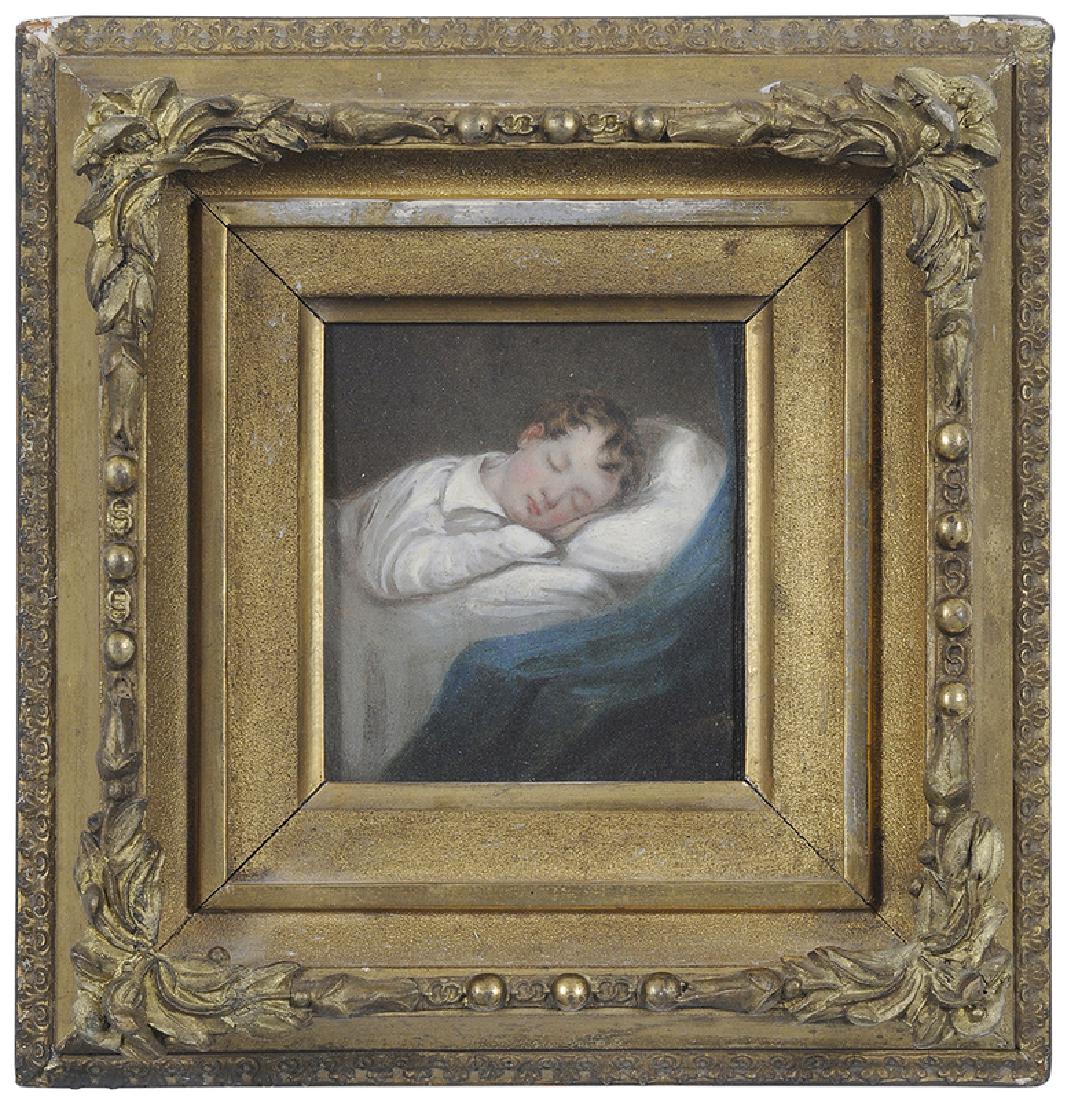 Manner of Thomas Sully: (Pennsylvania/England, 1783-1872) Sleeping Child, unsigned, oil on paper, 4 x 3-3/4 in.; period gilt wood and composition frame, 7-1/2 x 7 in.