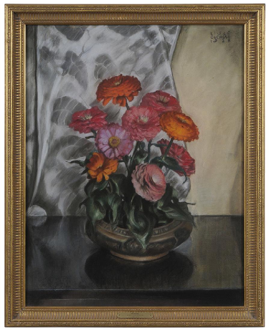 Mabel Lislie Ducasse: (Rhode Island/Washington/Colorado, 1895-1976)Zinnias in a Florentine Bowl, 1928, signed upper right "Lisle Ducasse/1928", pastel on board, 27-1/2 x 21-3/4 in.; modern gilt wood and composition frame,