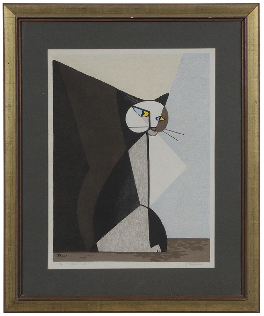Inagaki Tomo: (Japanese, 1902-1980) Old Cat, edition 25/50, signed lower right in pencil "T. Inagaki" and "Tomo" in impression, color woodblock on Japan paper, 21-1/4 x 15-7/8 in. (image); gilt wood frame, 31-1/2 x