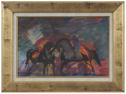 William Meyerowitz: (New York/Cape Ann, 1887-1981) Two Horses, signed lower right "WM Meyrowitz", gouache on heavy paper, 10 x 15 in.; modern gilt wood frame, 14-1/2 x 19-1/2 in.