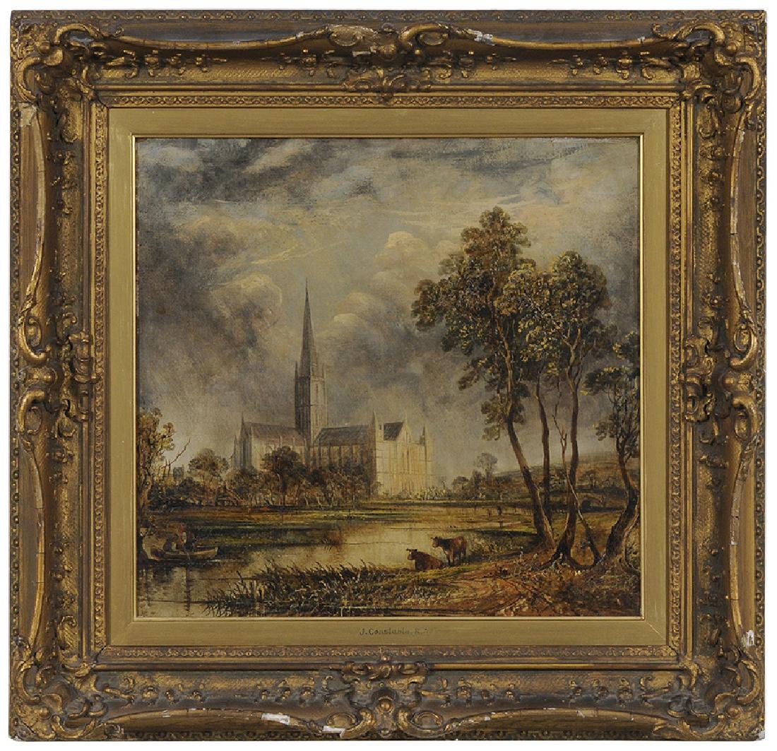 Imitator of John Constable: (British, 1776-1837) Salisbury Cathedral, unsigned, early 19th century, oil on canvas, 18 x 19 in.; gilt wood and composition frame, 26-5/8 x 27-5/8 in.