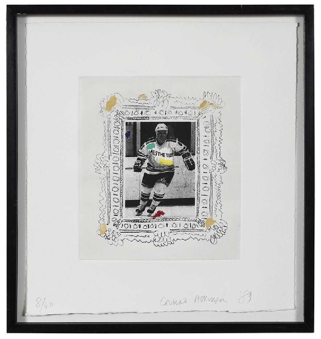 Conrad Atkinson: (British, born 1940) Aesthetics, 1989, edition 8/40, signed in pencil lower right "Conrad Atkinson '89", etching with hand coloring, 10 x 8-5/8 in. (plate) 16 x 14-1/2 in. (sheet); black painted frame