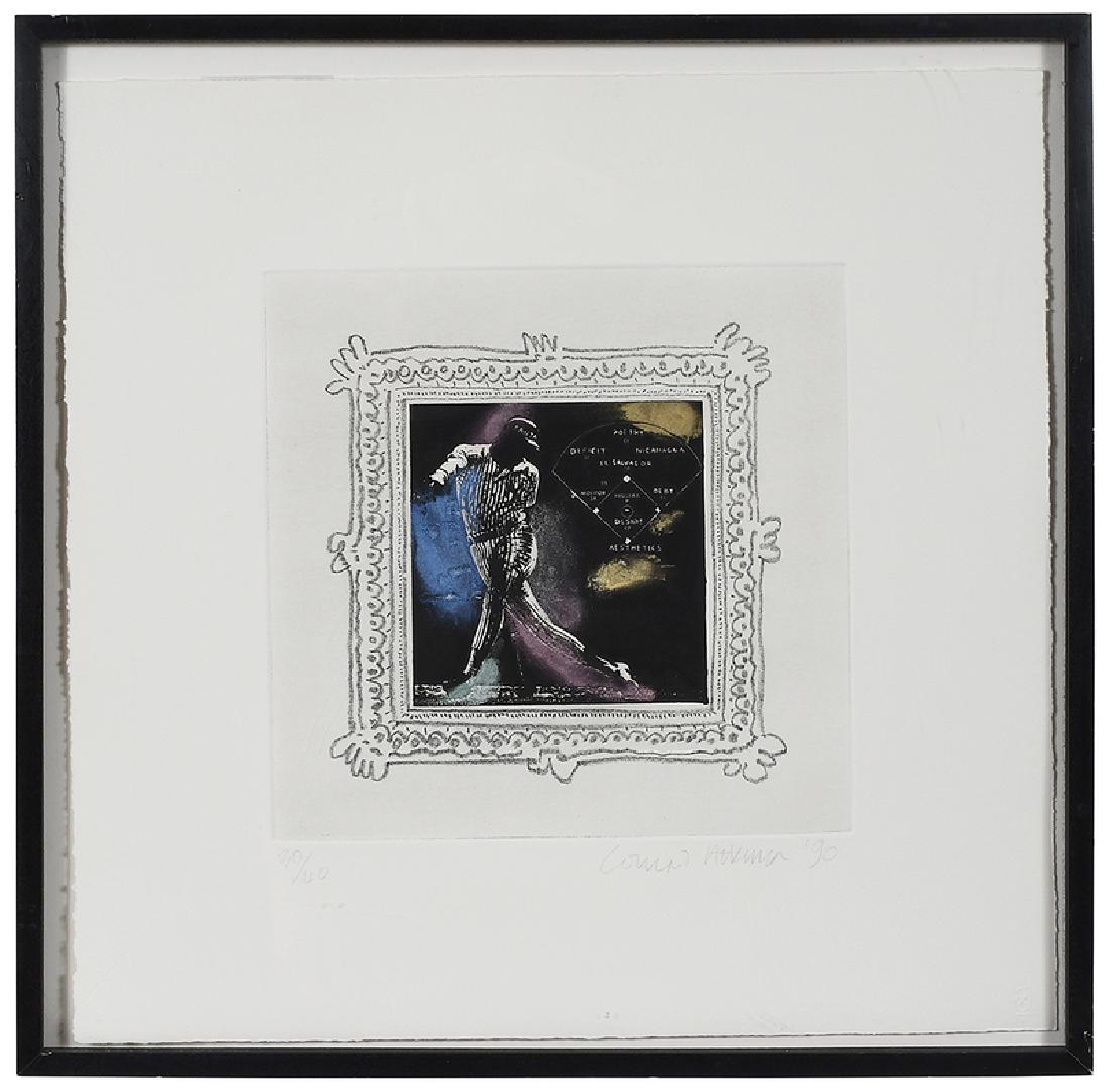 Conrad Atkinson: (British, born 1940) Baseball Series, No. 2, 1990, edition 30/40, etching with hand coloring, 11-3/4 x 11-3/4 in. (plate) 20-1/8 x 20-1/8 in. (sheet); black painted frame, 22 x 22-1/8 in.
