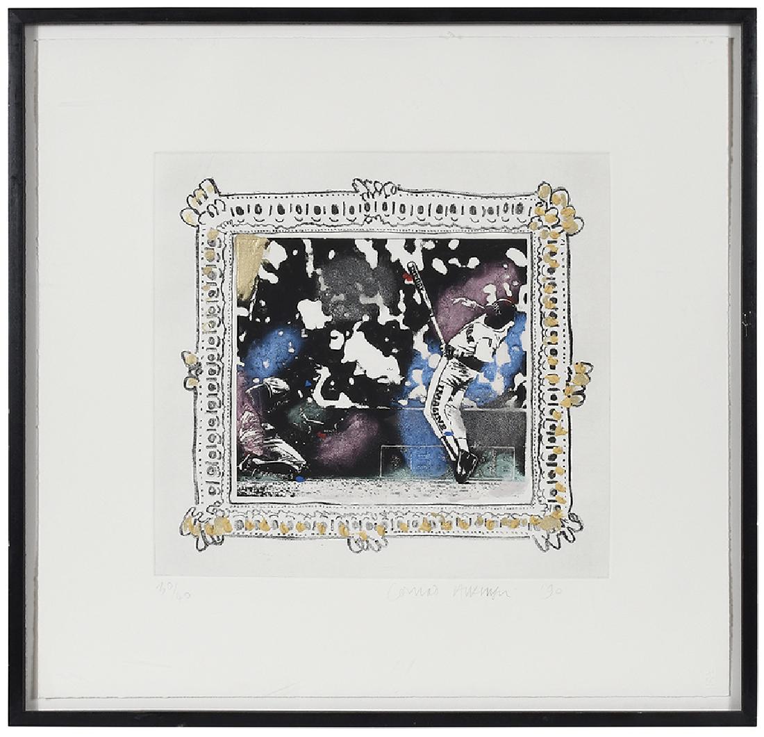 Conrad Atkinson: (British, born 1940) Baseball Series, No. 3, 1990, edition 30/40, signed lower right "Conrad Atkinson '90", etching with hand coloring, 14-7/8 x 15-7/8 in. (plate) 23-1/8 x 24-1/8 in. (sheet); black p
