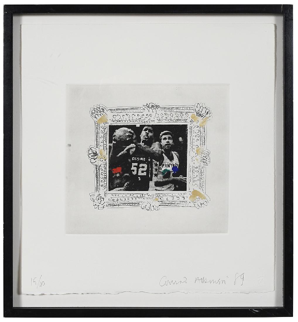 Conrad Atkinson: (British, born 1940) Desire and Fantasy, 1989, edition 15/40, signed in pencil lower right "Conrad Atkinson '89", etching with hand coloring, 8-1/2 x 9-1/4 in. (plate) 15-1/2 x 14-1/2 in. (sheet); bla