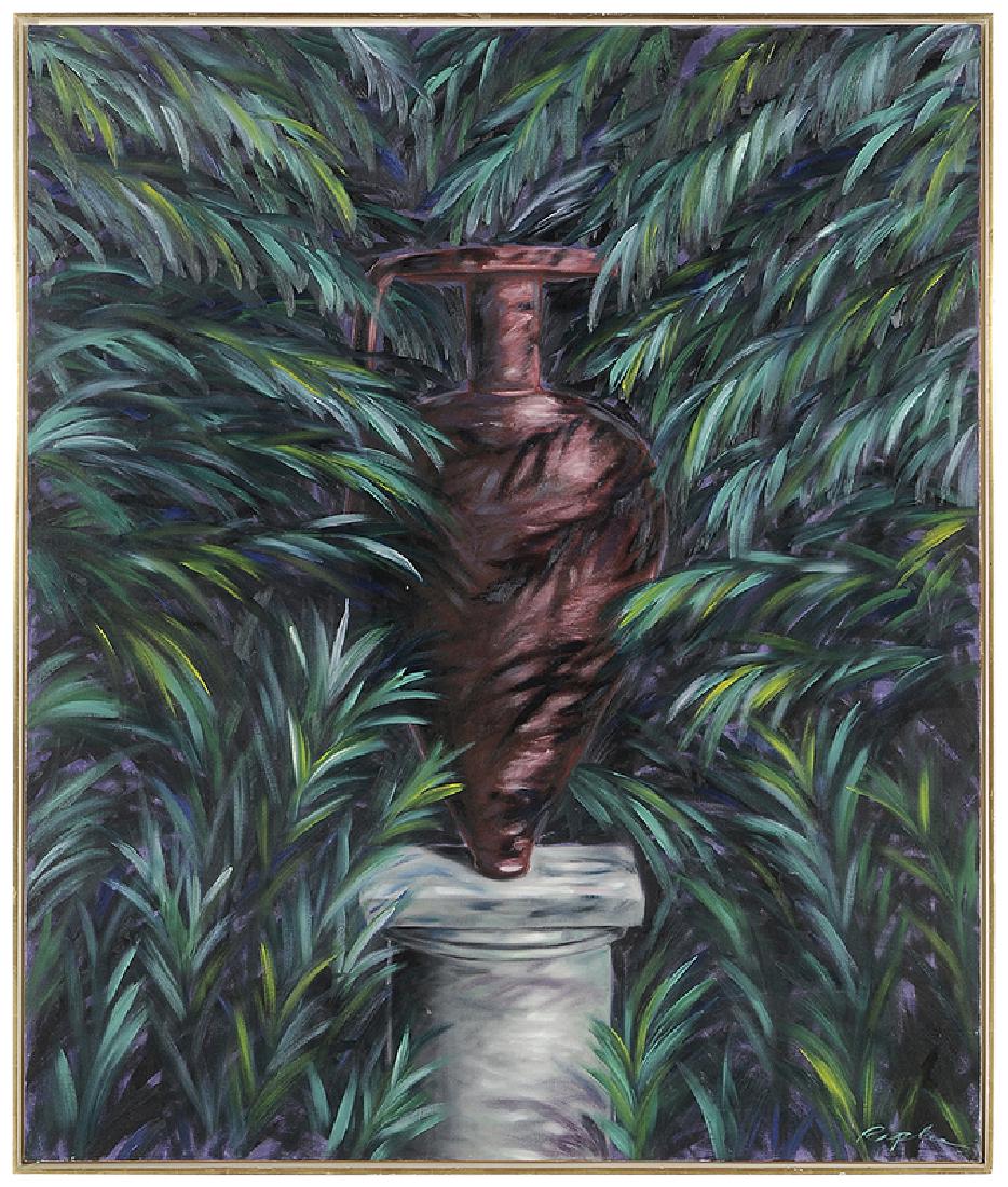 Curtis Ripley: (California/Texas, born 1949) In the Garden, 1984, signed lower right "Ripley" and signed and inscribed verso, oil on canvas, 72 x 60 in.; gilt wood frame, 73-3/4 x 61-3/4 in.