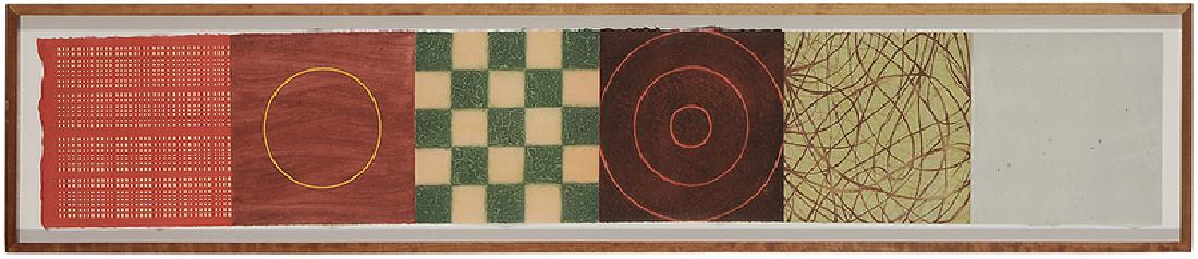 David Shapiro: (New York, 1944-2014) Savasan 9, 1996, edition 6/26, signed lower left "David Shapiro" and inscribed with title, color etching, 12 x 71-1/4 in.; modern wood frame with Plexi-glass, 15-1/2 x 75 in.