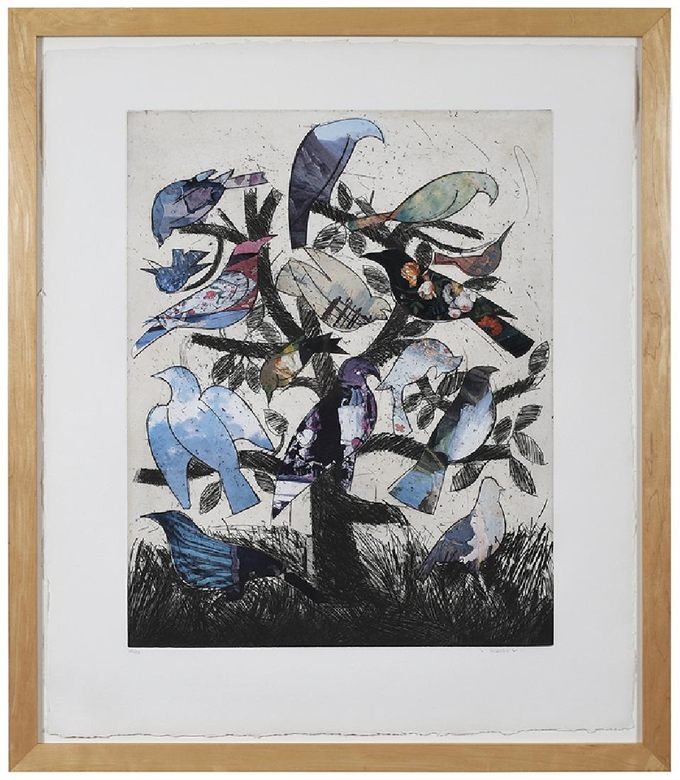 Manolo Valdes: (New York/Spain, born 1942) Pajaros 1995, edition 15/21, signed lower right in pencil “M. Valdes”, etching with collage, 33 x 26 in (plate) 42 x 35-5/8 in.; wood frame, 46-1/2 x 40-1/8 in.
