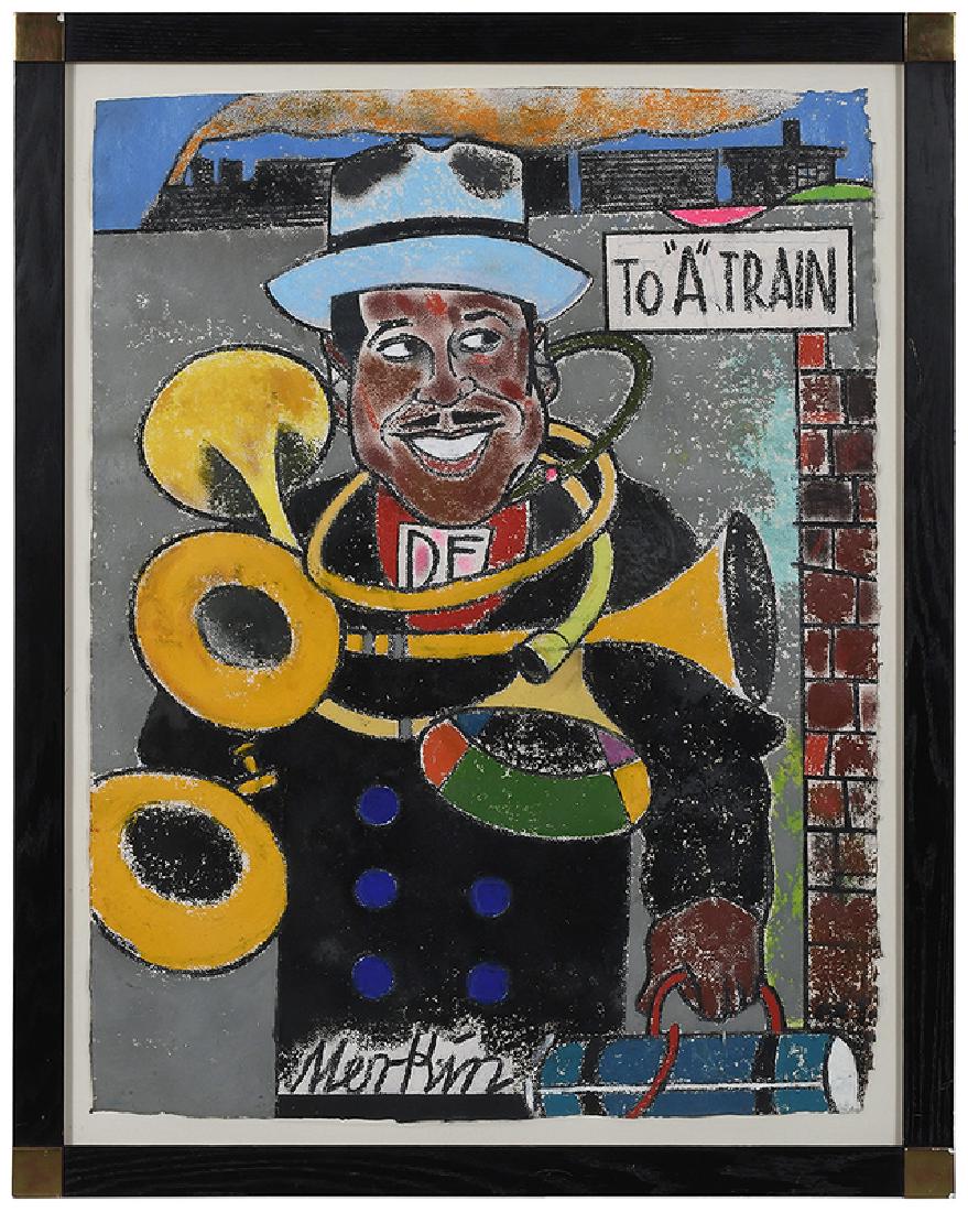 Richard Merkin: (New York, 1938-2009) Duke Ellington, signed bottom “Merkin”, pastel and oil crayon on paper, 40-1/4 x 30-1/2 in.; black painted frame with gilt corners, 46-1/2 x 36-3/4 in.