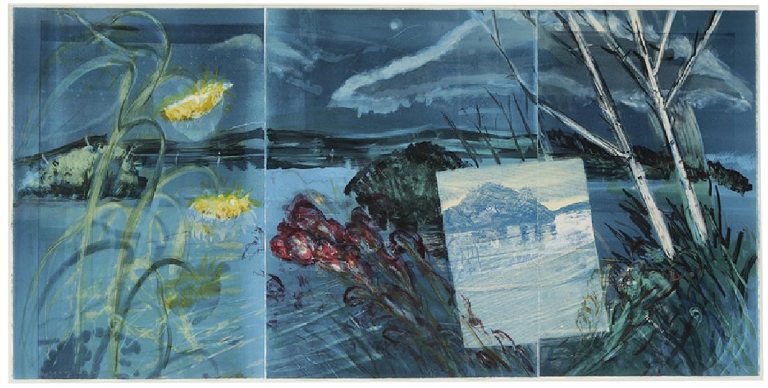 Michael Mazur: (Massachusetts, 1935-2009) Wake by Night, edition 6/35, triptych, signed in pencil lower left “W. Michael Mazur”, woodcut and monoprint on three sheets of paper, 30-1/4 x 61 in.; parcel gilt woo