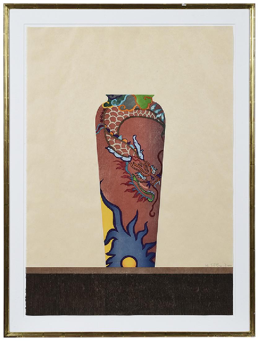 Edward Baynard: (New York/District Of Columbia, born 1940) The China Pot, 1980, edition 8/70, signed lower right in pencil "Ed Baynard 1980", color woodblock on Okawara paper, 42 x 30 in.; parcel gilt wood frame, 48-